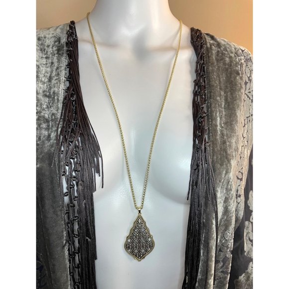 Kendra Scott Necklace Aiden Long Pendant Filigree Silver Gold Mix - Picture 1 of 6